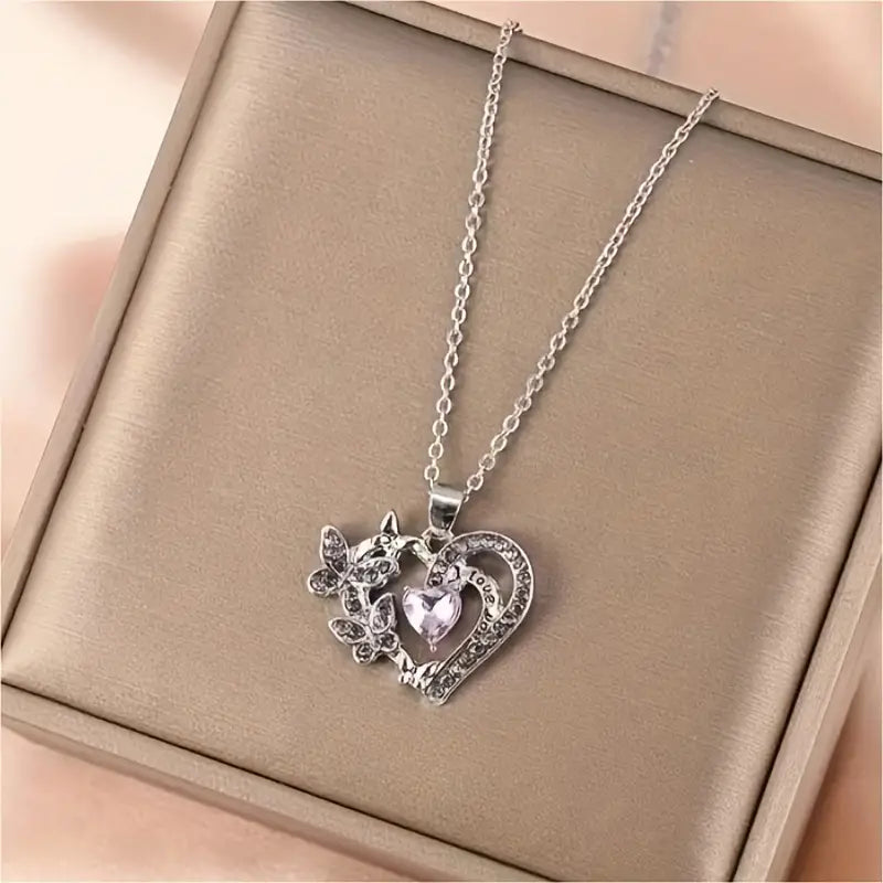 Elegant Glitter Purple Silver Heart Butterfly Pendant Necklace