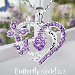 Elegant Glitter Purple Silver Heart Butterfly Pendant Necklace