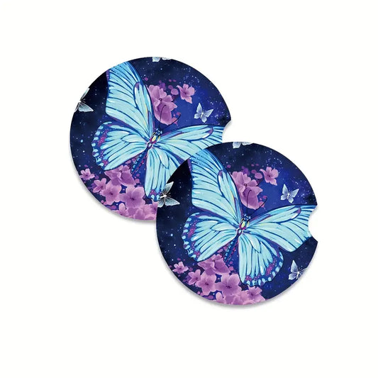 Upgrade Your Car Interior with These Stylish Blue Butterfly Cup Coaster Sets!