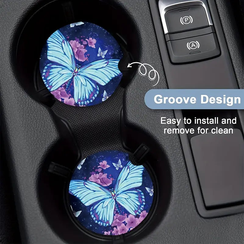 Upgrade Your Car Interior with These Stylish Blue Butterfly Cup Coaster Sets!