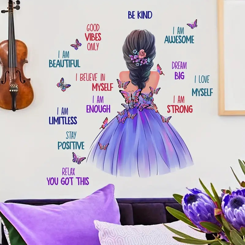 1pc,Butterfly Girl Wall Decals, Colorful Butterflies With Motivational Lettering