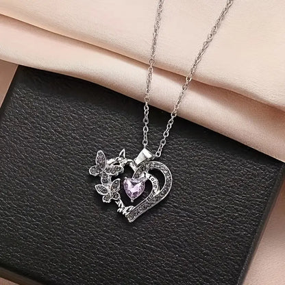 Elegant Glitter Purple Silver Heart Butterfly Pendant Necklace