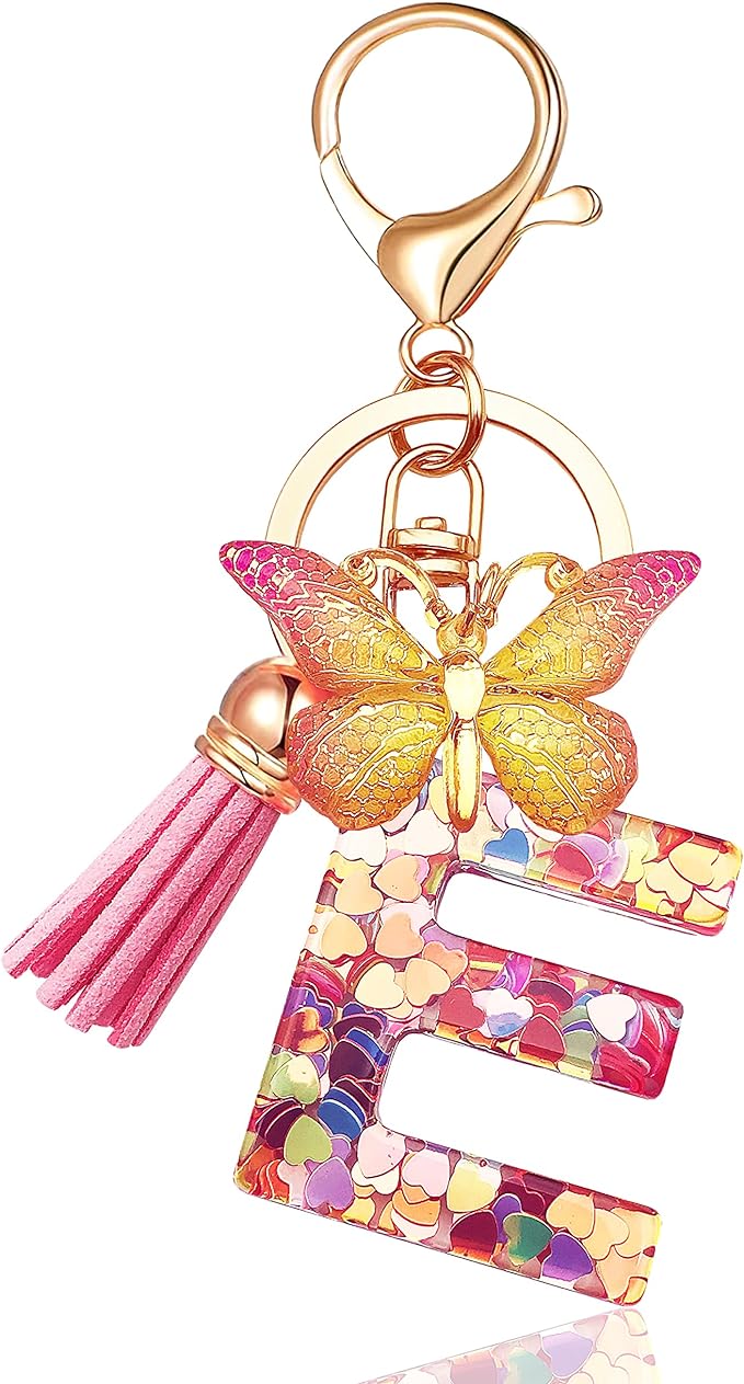 Initial letter Keychains for Women Tassel Butterfly Pink Purple Cute Car Keychain for Wallet Backpack bag charm