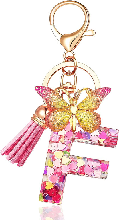 Initial letter Keychains for Women Tassel Butterfly Pink Purple Cute Car Keychain for Wallet Backpack bag charm