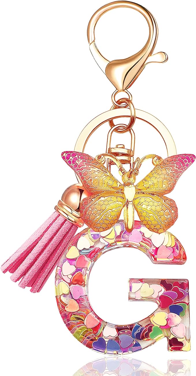 Initial letter Keychains for Women Tassel Butterfly Pink Purple Cute Car Keychain for Wallet Backpack bag charm