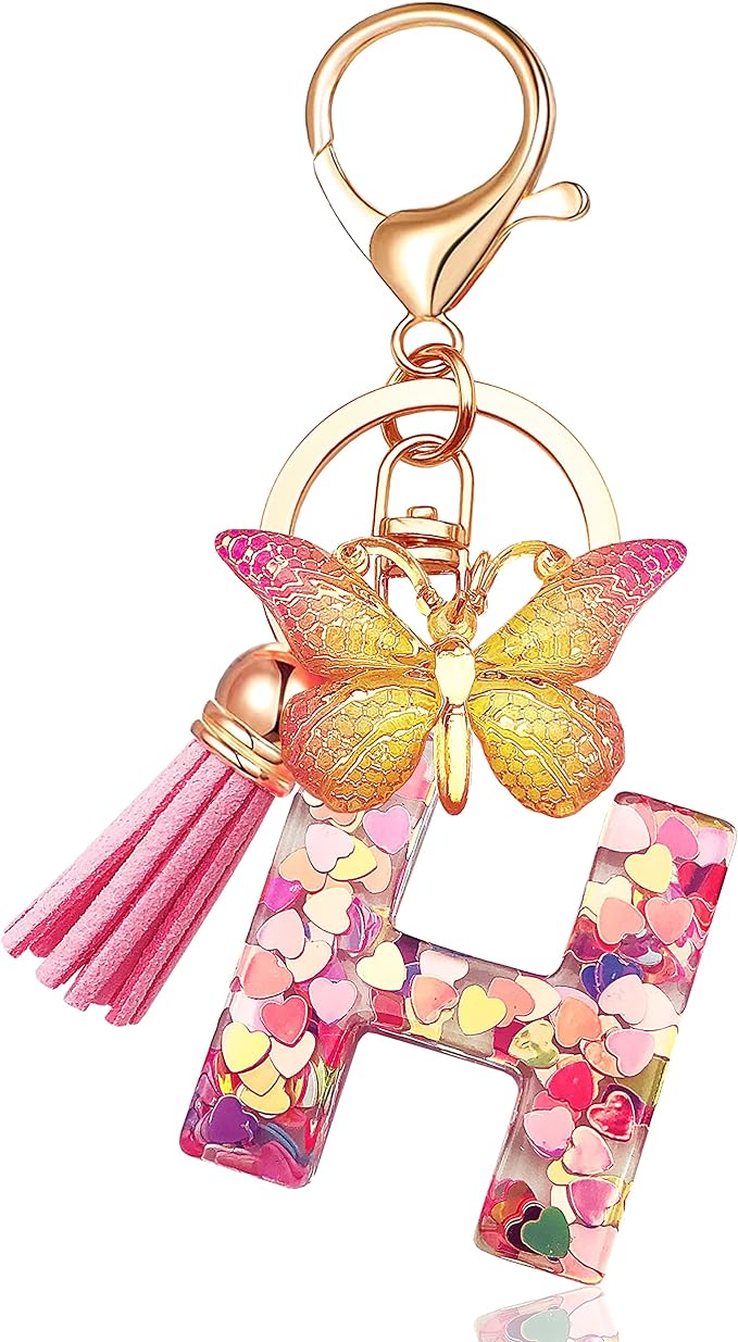 Initial letter Keychains for Women Tassel Butterfly Pink Purple Cute Car Keychain for Wallet Backpack bag charm