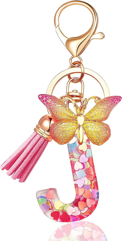 Initial letter Keychains for Women Tassel Butterfly Pink Purple Cute Car Keychain for Wallet Backpack bag charm