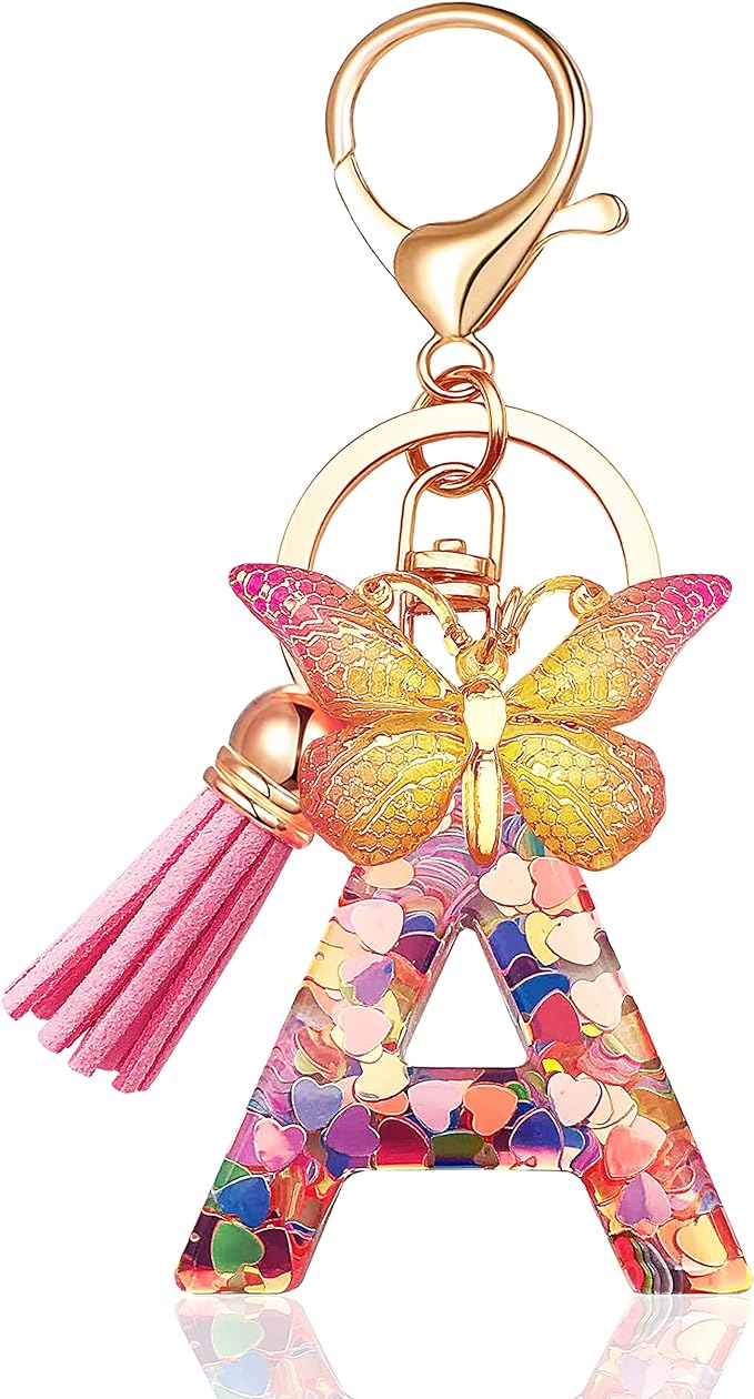 Initial letter Keychains for Women Tassel Butterfly Pink Purple Cute Car Keychain for Wallet Backpack bag charm