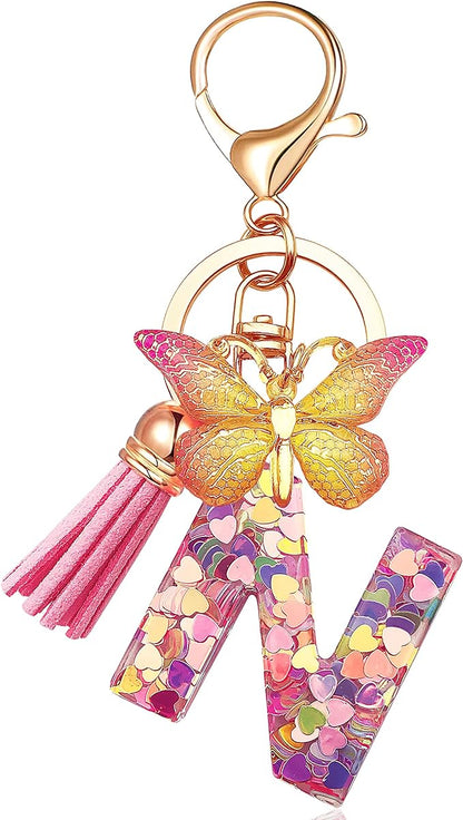 Initial letter Keychains for Women Tassel Butterfly Pink Purple Cute Car Keychain for Wallet Backpack bag charm