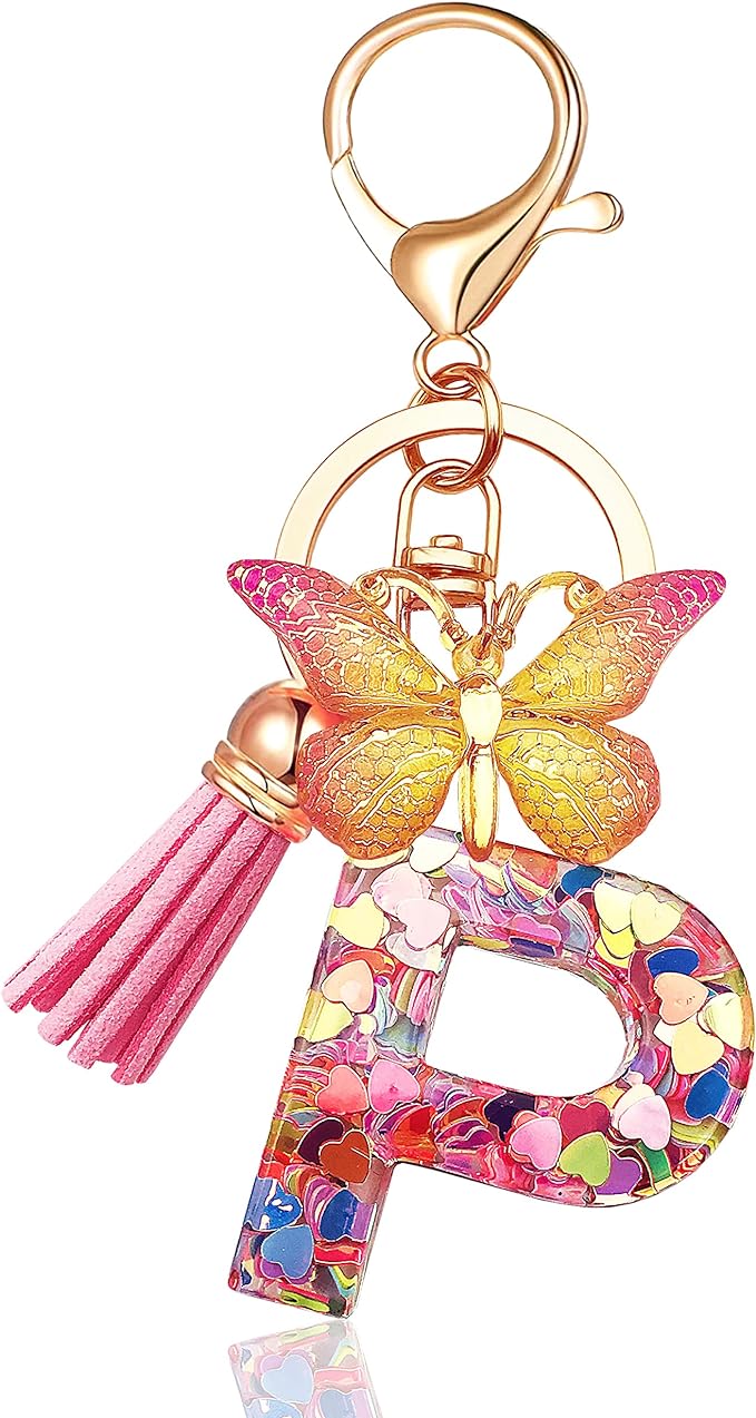 Initial letter Keychains for Women Tassel Butterfly Pink Purple Cute Car Keychain for Wallet Backpack bag charm