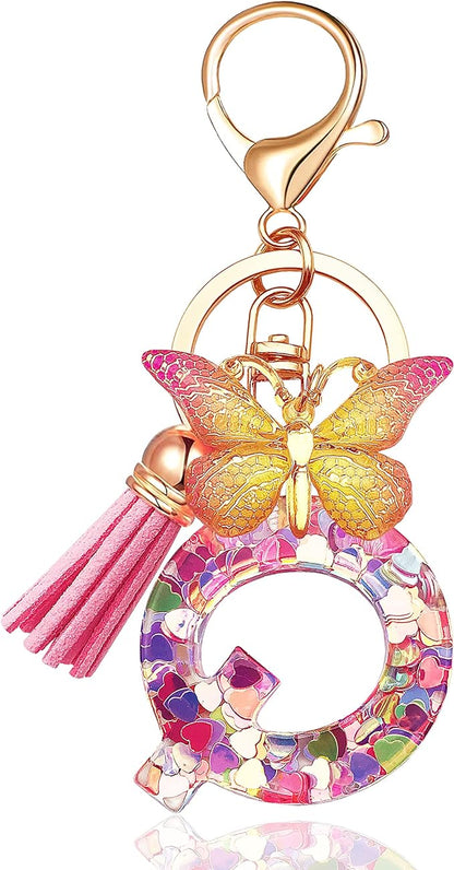 Initial letter Keychains for Women Tassel Butterfly Pink Purple Cute Car Keychain for Wallet Backpack bag charm