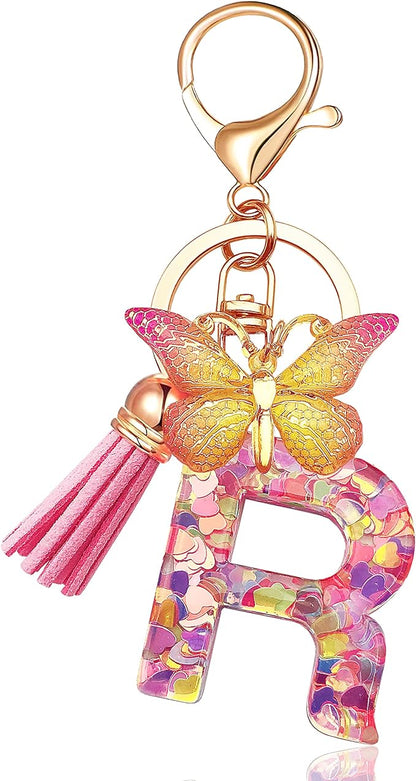 Initial letter Keychains for Women Tassel Butterfly Pink Purple Cute Car Keychain for Wallet Backpack bag charm