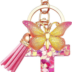 Initial letter Keychains for Women Tassel Butterfly Pink Purple Cute Car Keychain for Wallet Backpack bag charm