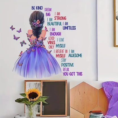 1pc,Butterfly Girl Wall Decals, Colorful Butterflies With Motivational Lettering