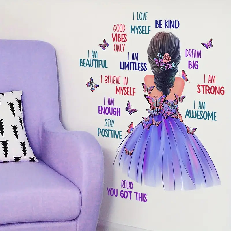 1pc,Butterfly Girl Wall Decals, Colorful Butterflies With Motivational Lettering