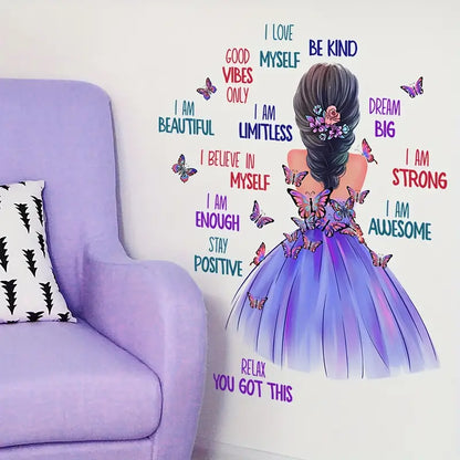 1pc,Butterfly Girl Wall Decals, Colorful Butterflies With Motivational Lettering