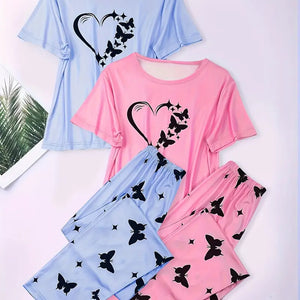 Beautiful Butterfly 2 Sets Heart Print Pajamas Set