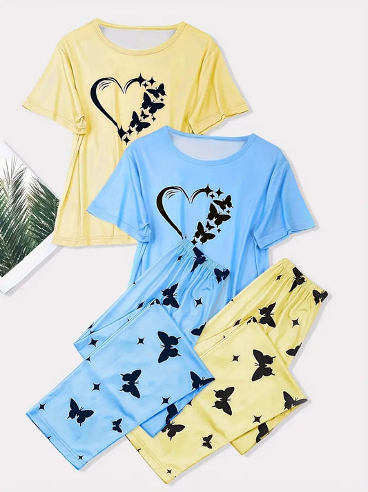 Beautiful Butterfly 2 Sets Heart Print Pajamas Set